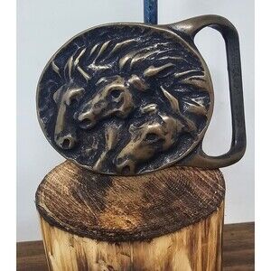 Pharaoh's Horses Vintage 1974 Solid Brass Belt Buckle by Tech Ether Guild 3"x2"